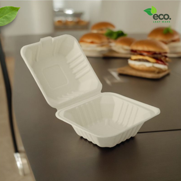 6"x6" Square Sugarcane Bagasse Clamshell Container Box - Image 2