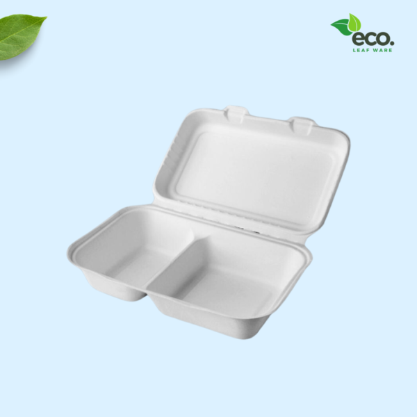 9"x6" 2 Compartment Sugarcane Bagasse Clamshell Container Box