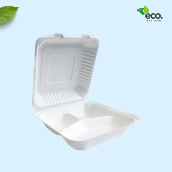 9"x9" 3 Compartment Sugarcane Bagasse Clamshell  Box